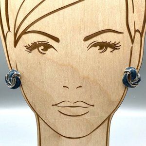 Vintage Abstract Blue Enamel Earrings, Silver Tone Clip Ons